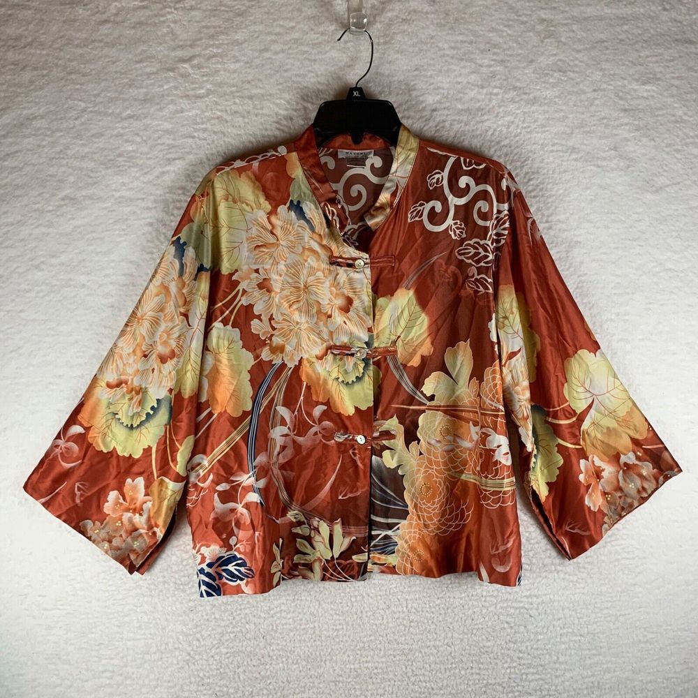 Natori Women's Mandarin Collar Kimono Sleeve Polyester Floral Blouse Top Size M